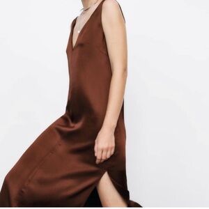 Zara Sleeveless V Neck Satin Brown  Slip Shift Maxi Midi Dress Size Medium